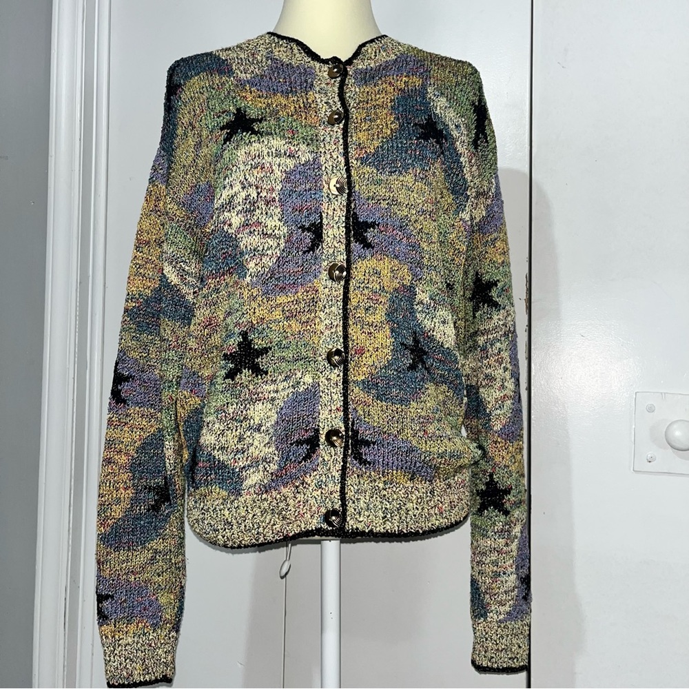 Vintage 90’s South Cotton Hand Knit Cardigan Sweater Heavy Multi Color Knit